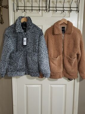 💘🖤💘 2PC Me Jane Black/Gray & Tan Zip Fleece Faux Shearling/Fur Teddy Jacket
